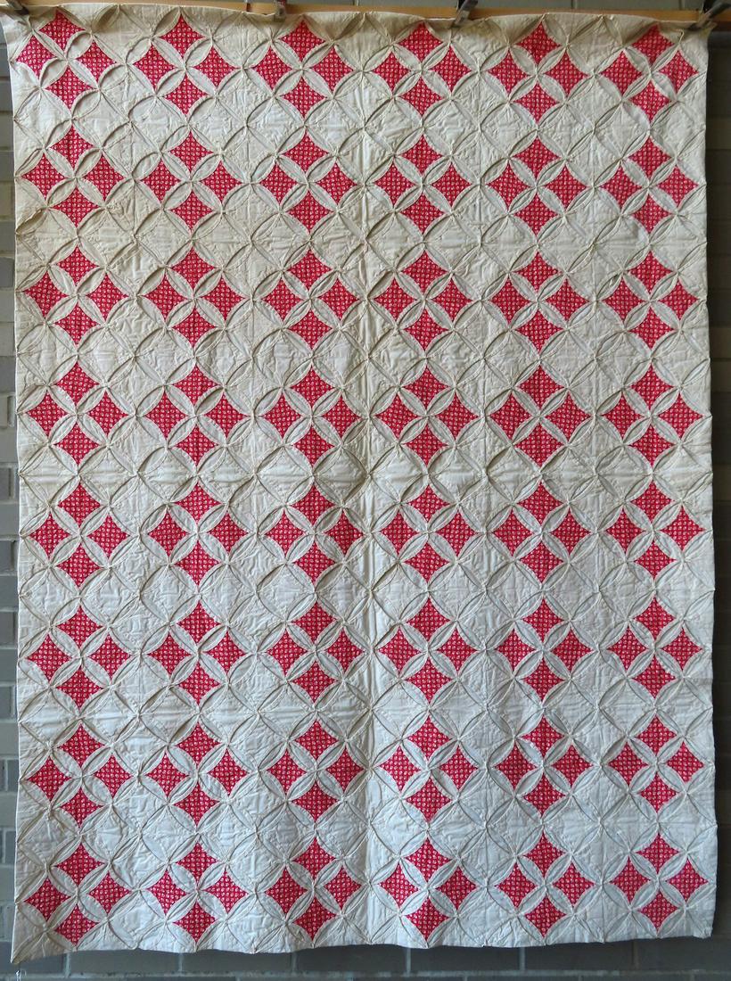 Patchwork youth size quilt, Cathedral Windows pattern, hand sewn, mid 20th century, very good (1 of 4)