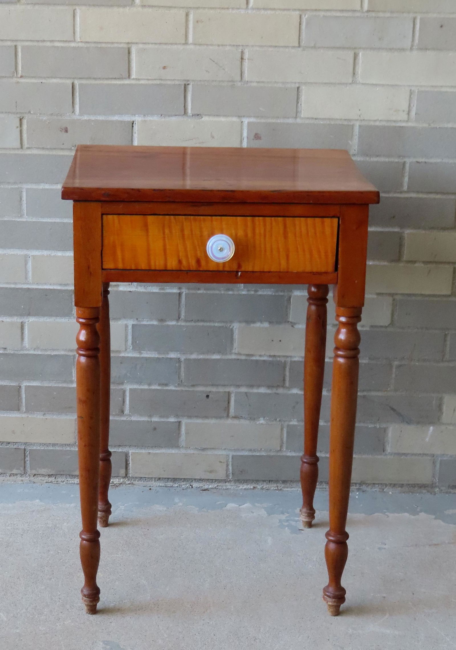 A Sheraton cherry one drawer stand with solid tiger maple drawer with white opalescent Sandwich (1 of 5)