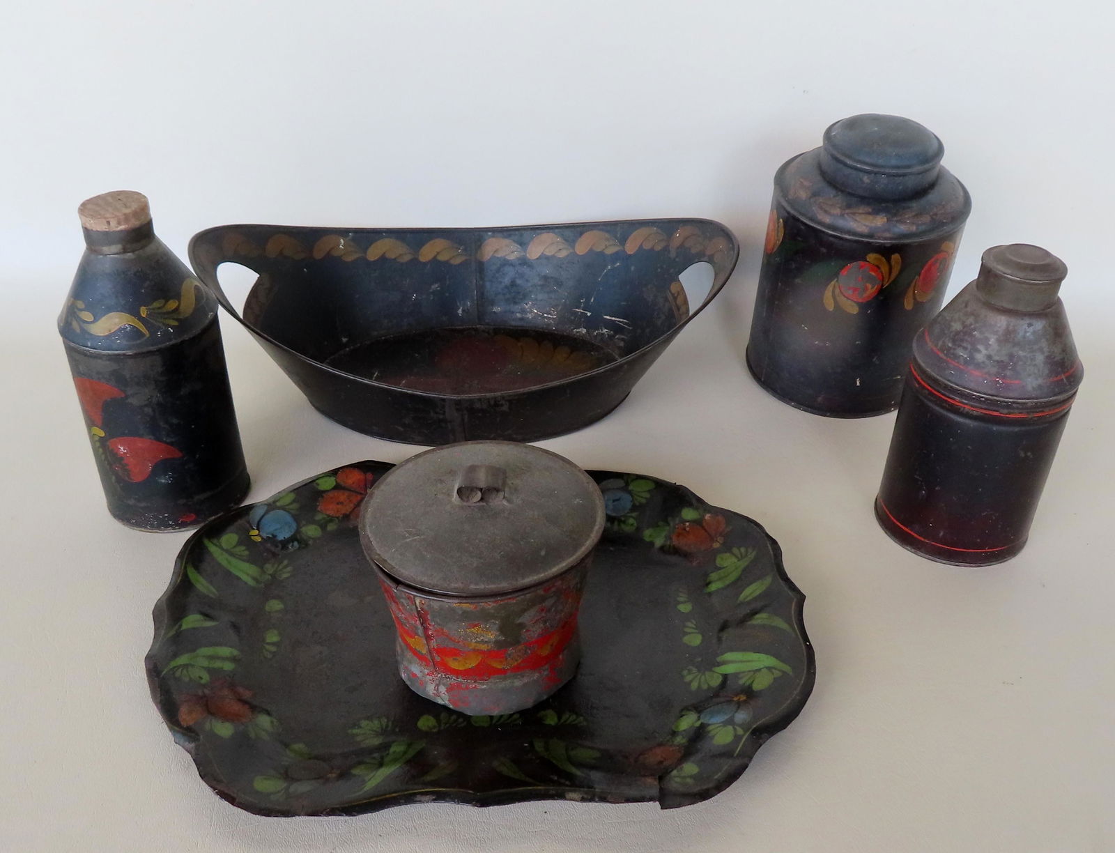 Grouping of 6 pieces of American toleware including 2 bottle shaped canisters - 1 with cork stopper (1 of 10)