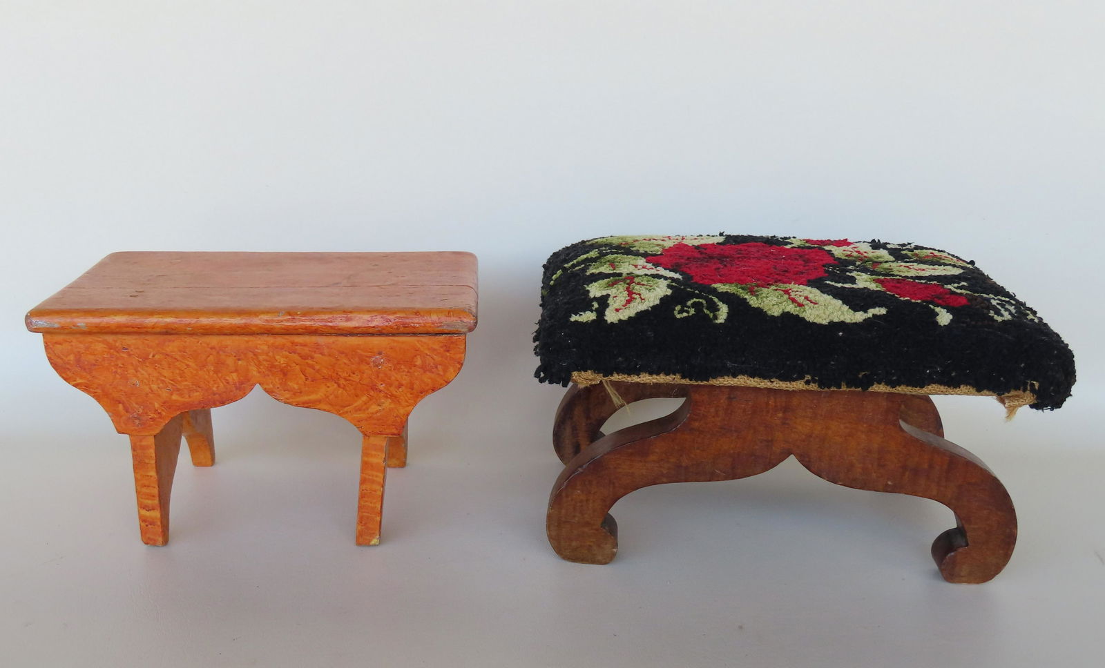 Two country cricket stools: The first in a newer grain paint with cutout apron and sides - 11"W x 7 (1 of 11)