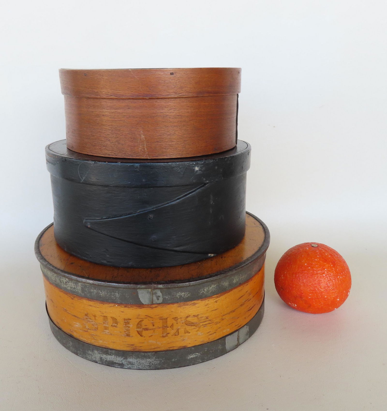 A birch "SPICE" box with canisters and 2 pantry boxes, all circa 1850-70. The spice box with the (1 of 10)