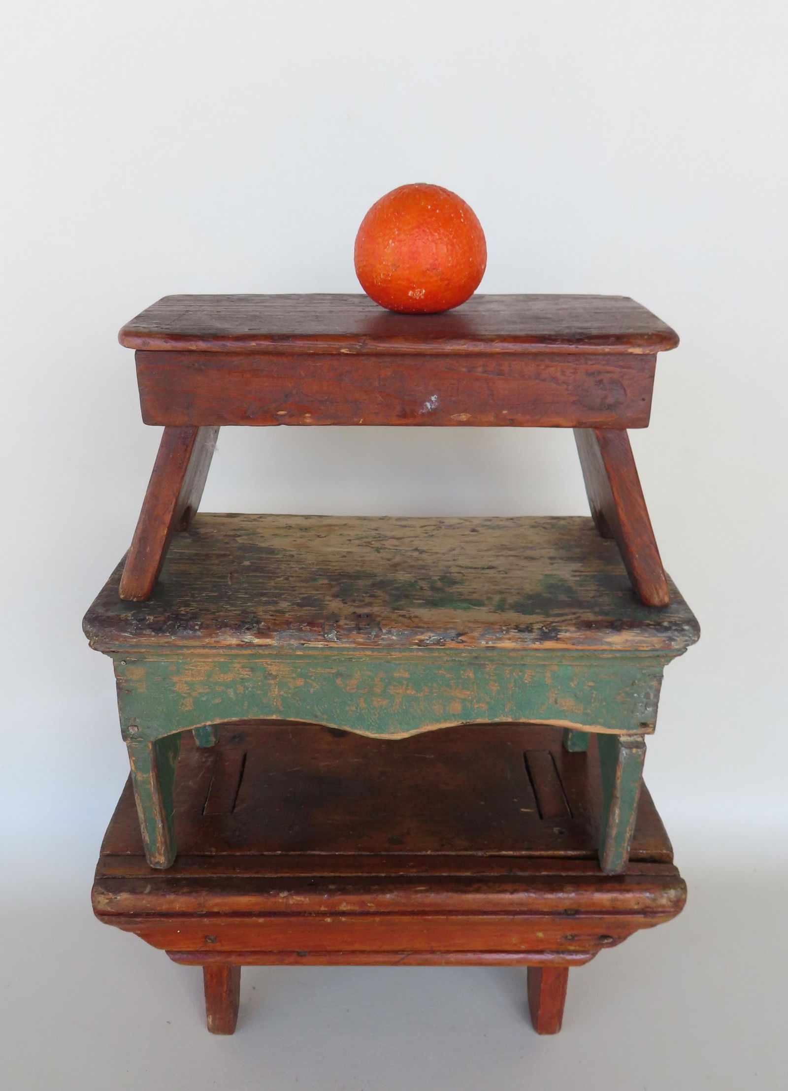 Three primitive 19th century cricket stools, 2 in natural finish, and 1 in original green paint, all (1 of 7)