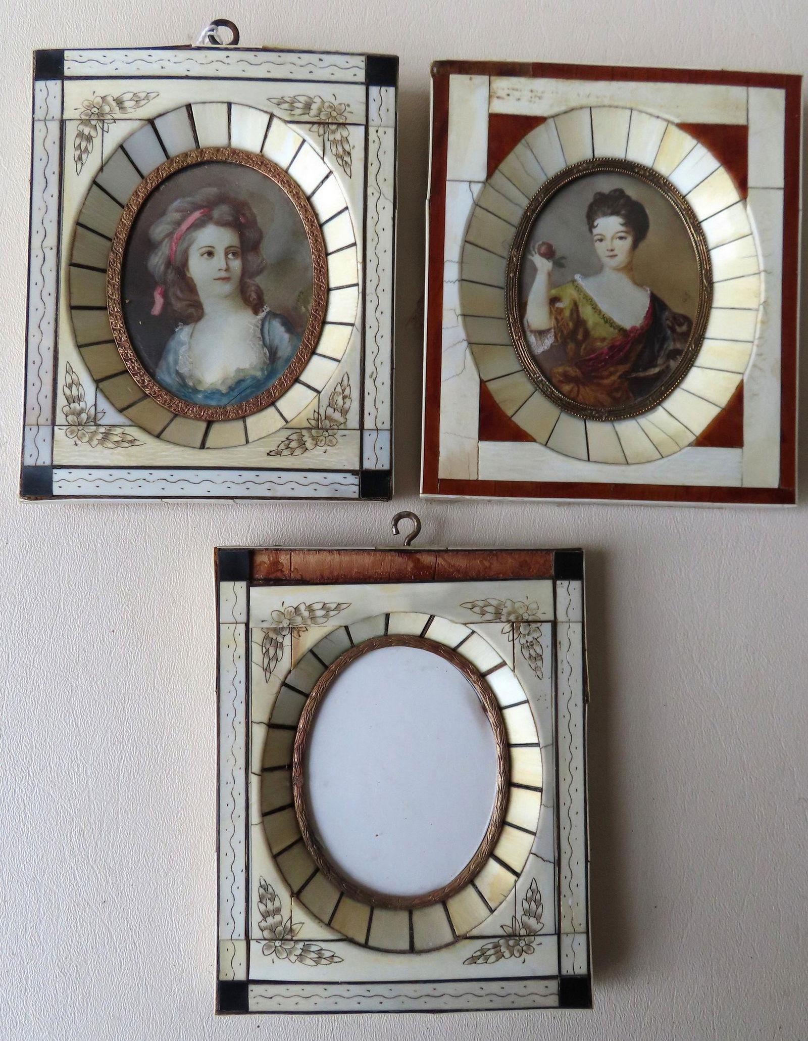 Two miniature French W/C portraits of ladies on velum, mounted in fancy frames, together with a (1 of 8)