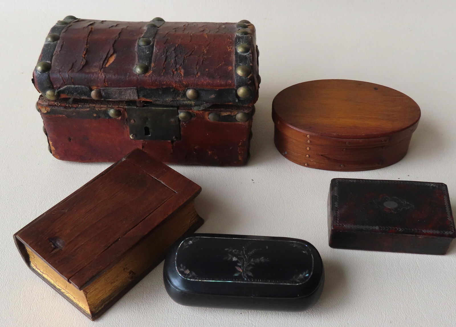 Grouping of 5 country miniatures including: An 18th century leather dome top trunk (valuables box) (1 of 12)