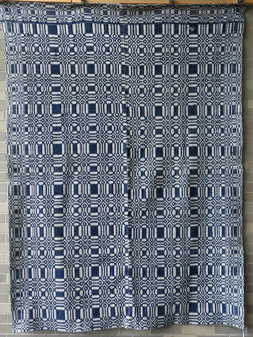 Blue and white homespun wool 2 part coverlet in geometric pattern, very good condition. 61" x 82". (1 of 5)
