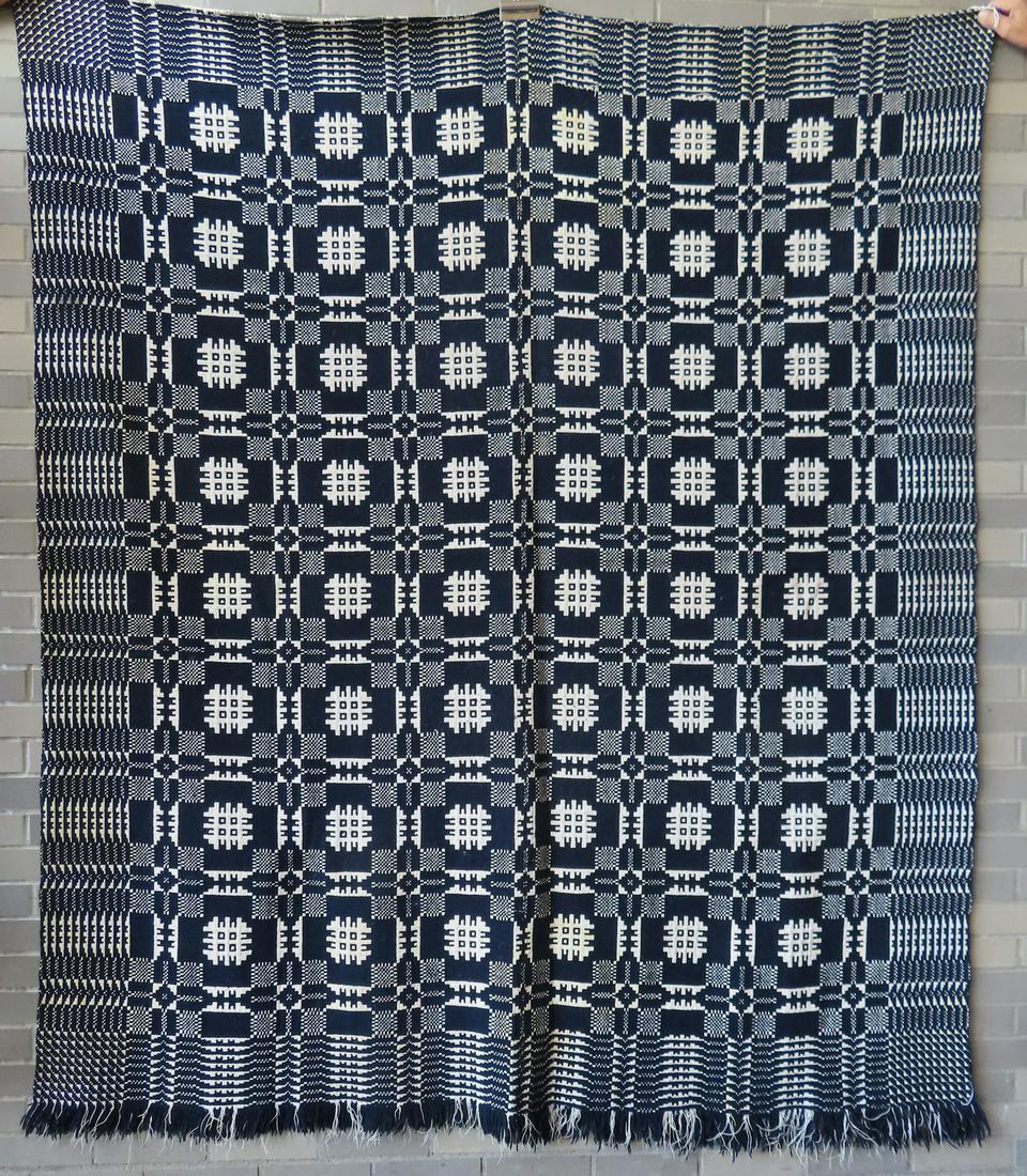 Blue and white homespun wool 2 part coverlet in a snow flake pattern with tile border and geometric (1 of 7)
