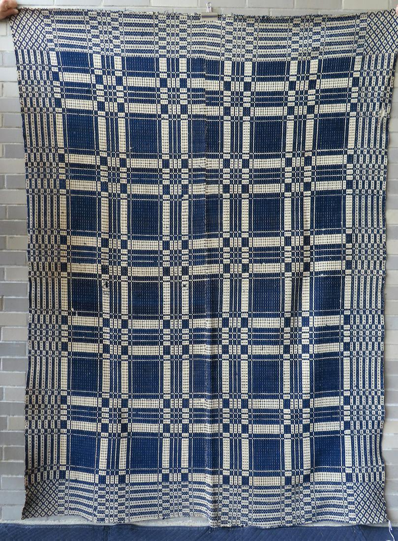 Blue and white homespun wool 2 part coverlet in geometric pattern, 2 small yellow stains, else good (1 of 4)