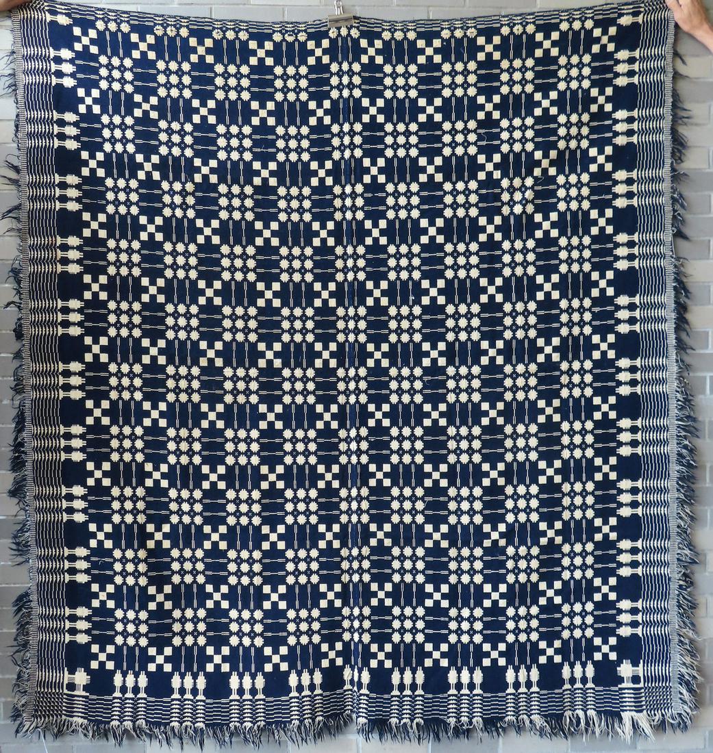 Blue and white homespun wool 2 part coverlet decorated with snowflakes surrounded by trees and (1 of 8)