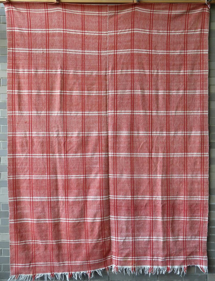 A salmon colored homespun wool blanket with center seam, early 19th century, having a fringe on one (1 of 4)