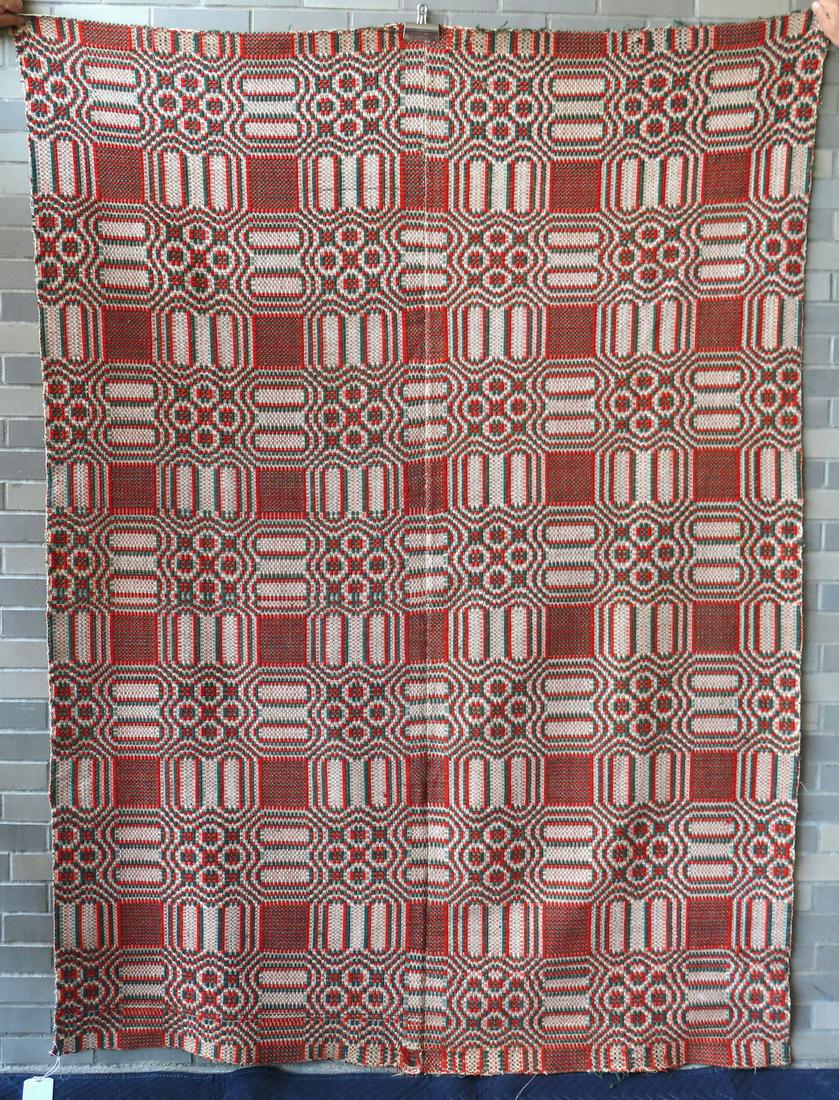 A red, white and green homespun wool coverlet, with center seam, Snowball pattern with geometrics, (1 of 5)