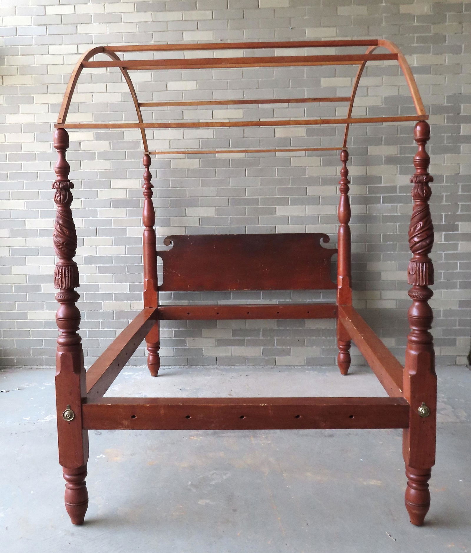 A country birch canopy rop bed in original red stain with pine headboard and original side rails (1 of 12)