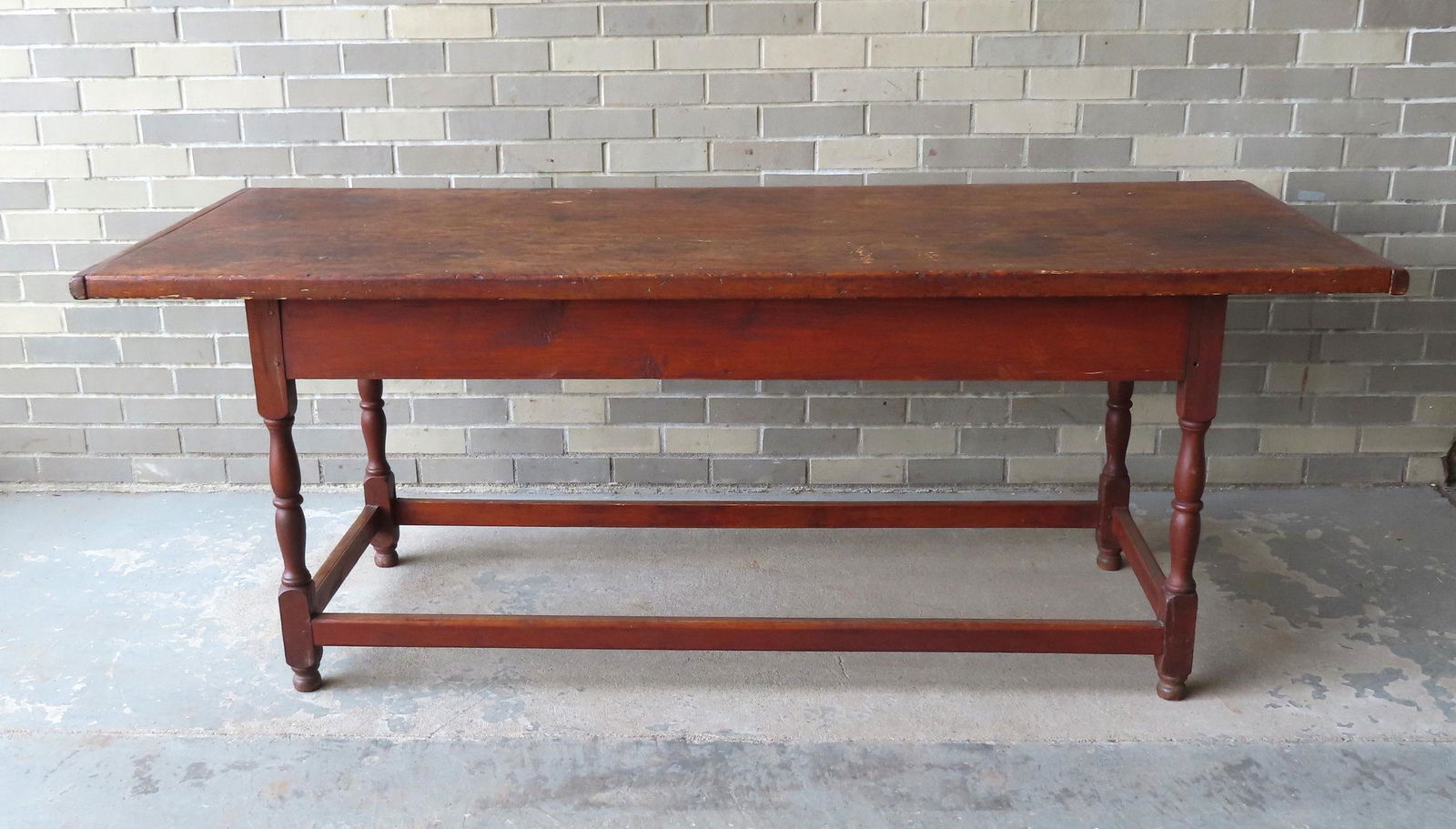A very fine kitchen work table or farm table having a single board top with breadboard ends, one (1 of 19)