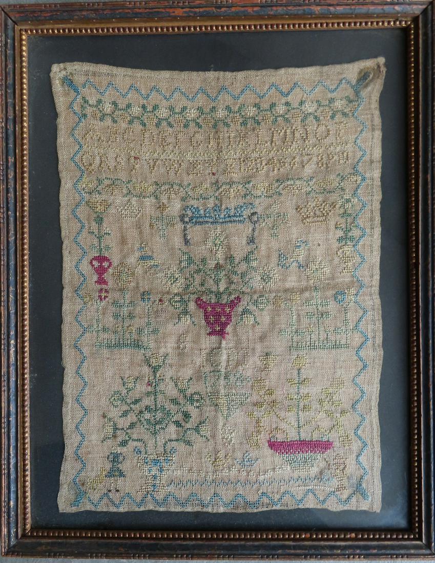 An alphabet and pictorial sample initial ICM and dated 1758 (or 1798). Note the little girl and her (1 of 3)