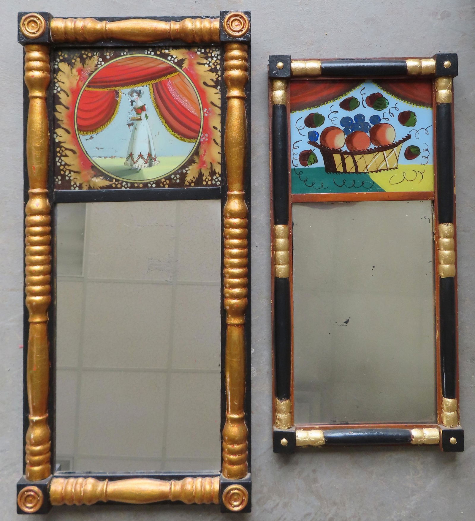 Two Sheraton double panel wall mirrors with reverse painting on upper panels, both frames repainted, (1 of 6)