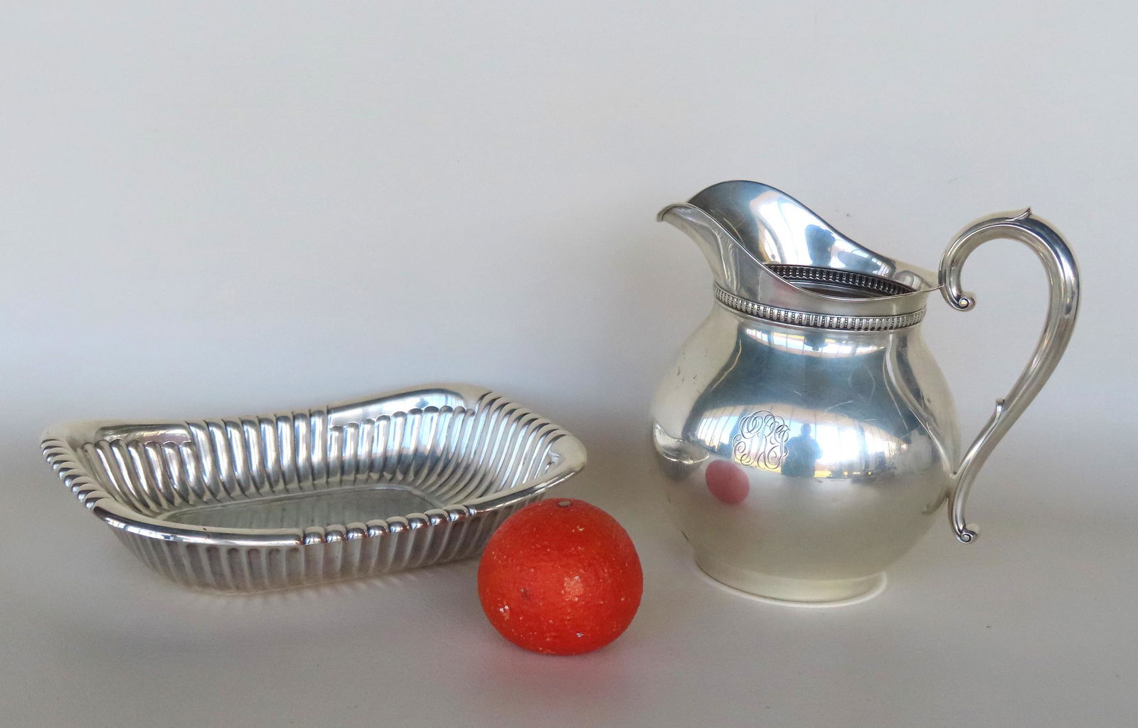 Two pieces of Wallace sterling silver including a water pitcher (with "R" monogram" - 8 1/2"W x 8 (1 of 7)