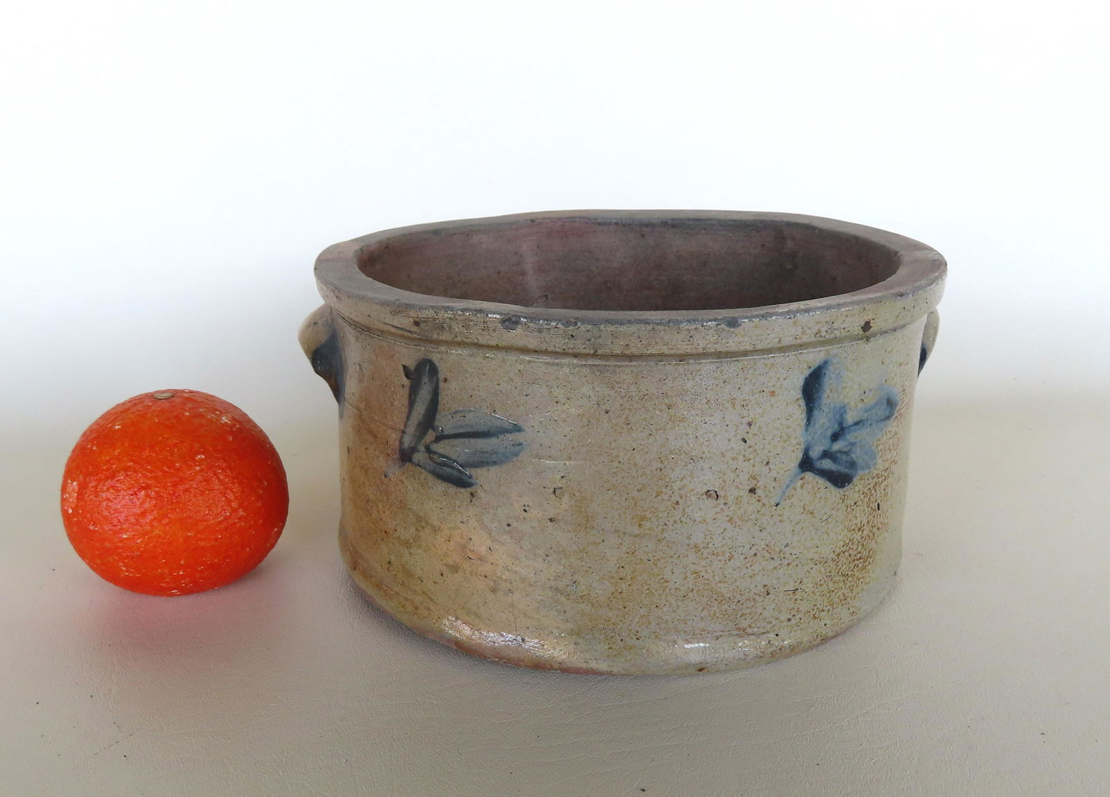 Small butter crock decorated with cobalt blue flowers under rim,  and blue brushed ears - tight (1 of 7)