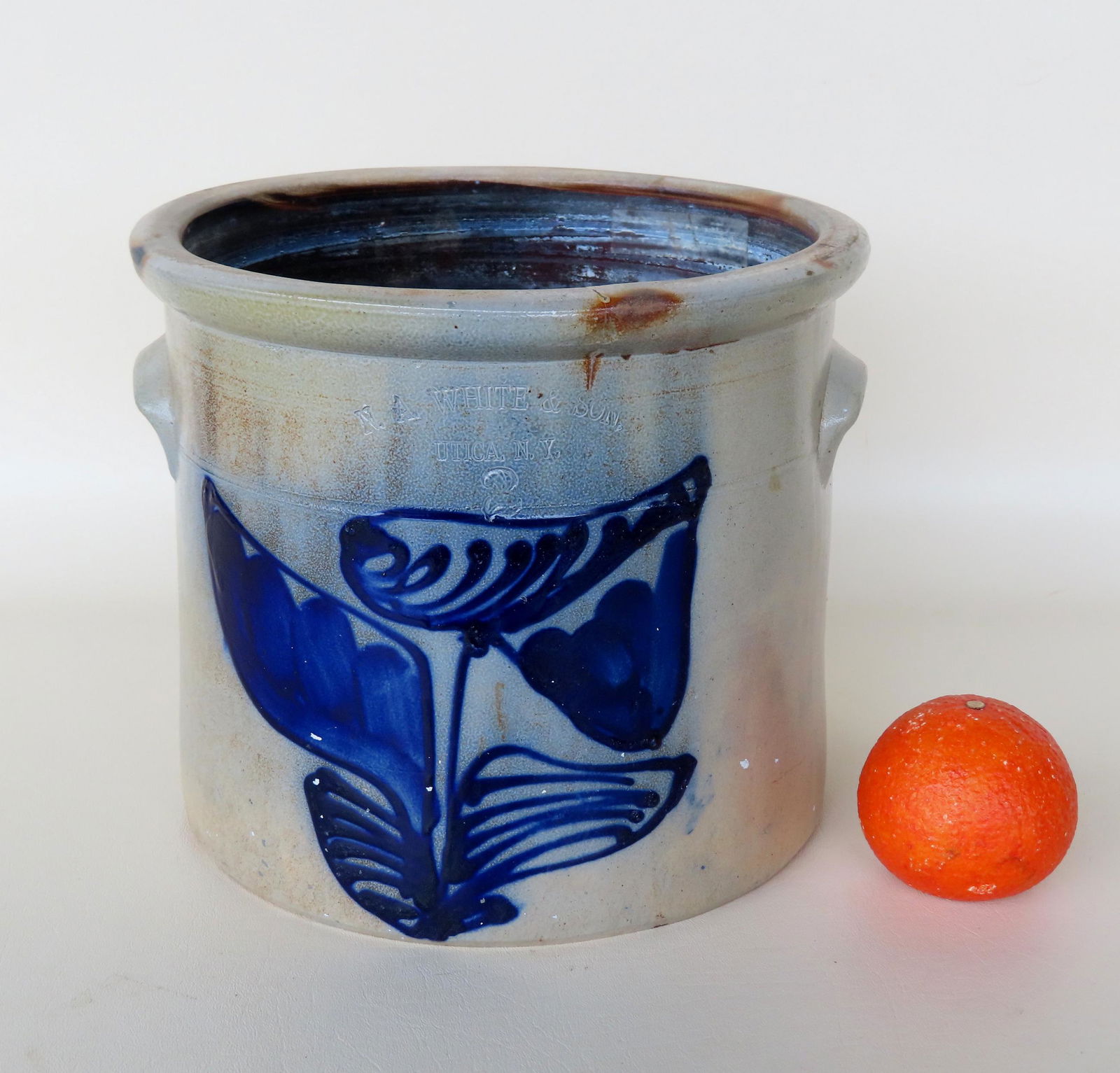 A stoneware crock, 2 gallon, decorated with a large and deep cobalt blue flower, with the impressed (1 of 8)