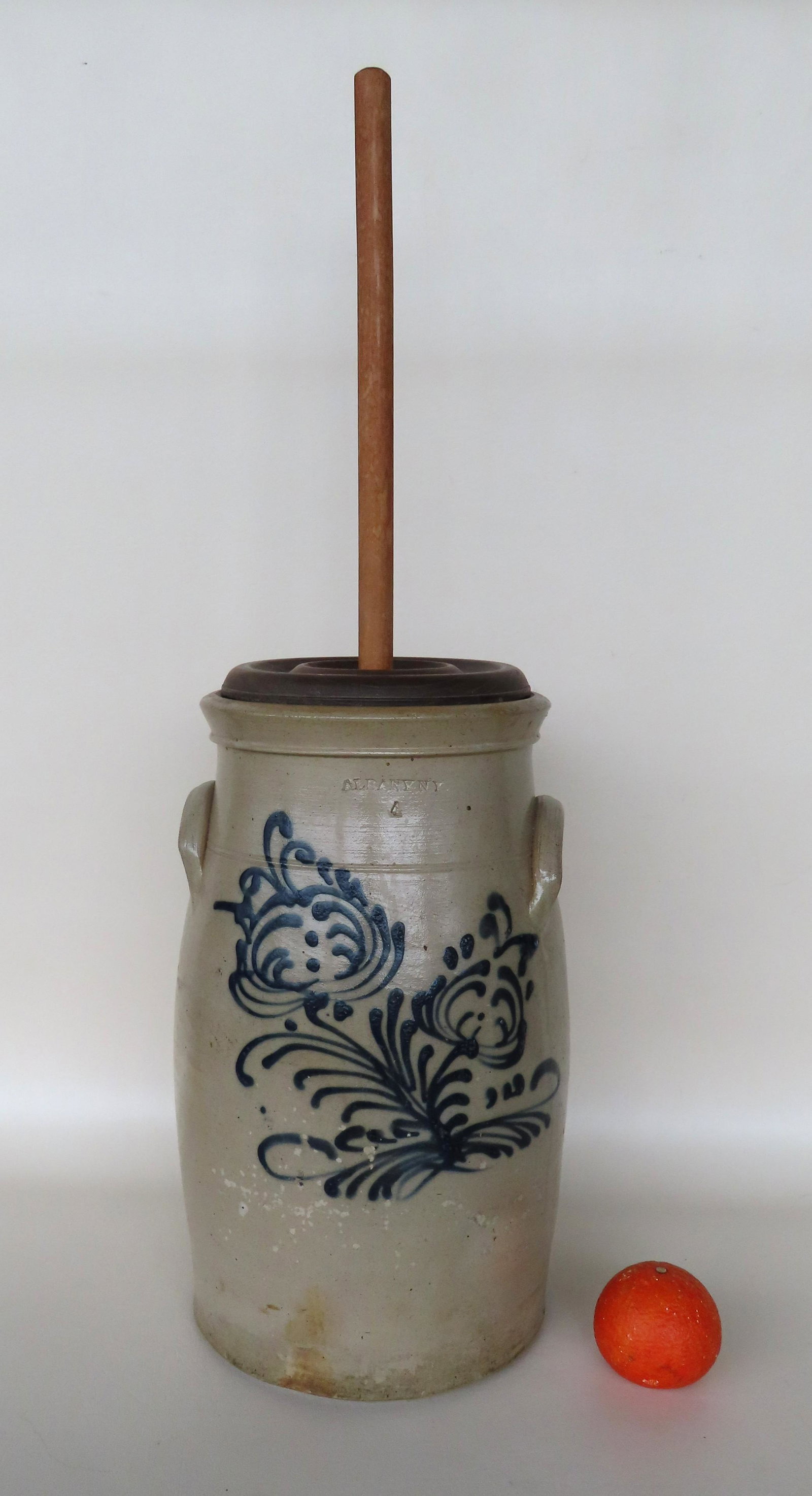 Stoneware butter churn crock, 4 gallon, decorated with a large cobalt blue double flower, with the (1 of 8)