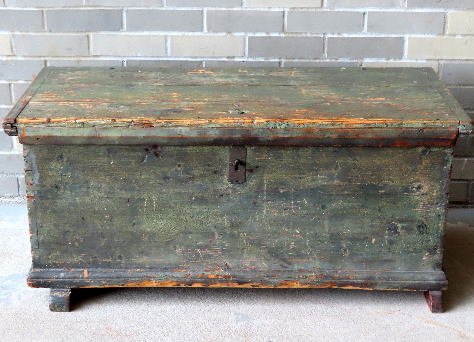A primitive 18th century shoe foot blanket box in old green paint over original blue-green paint, (1 of 16)