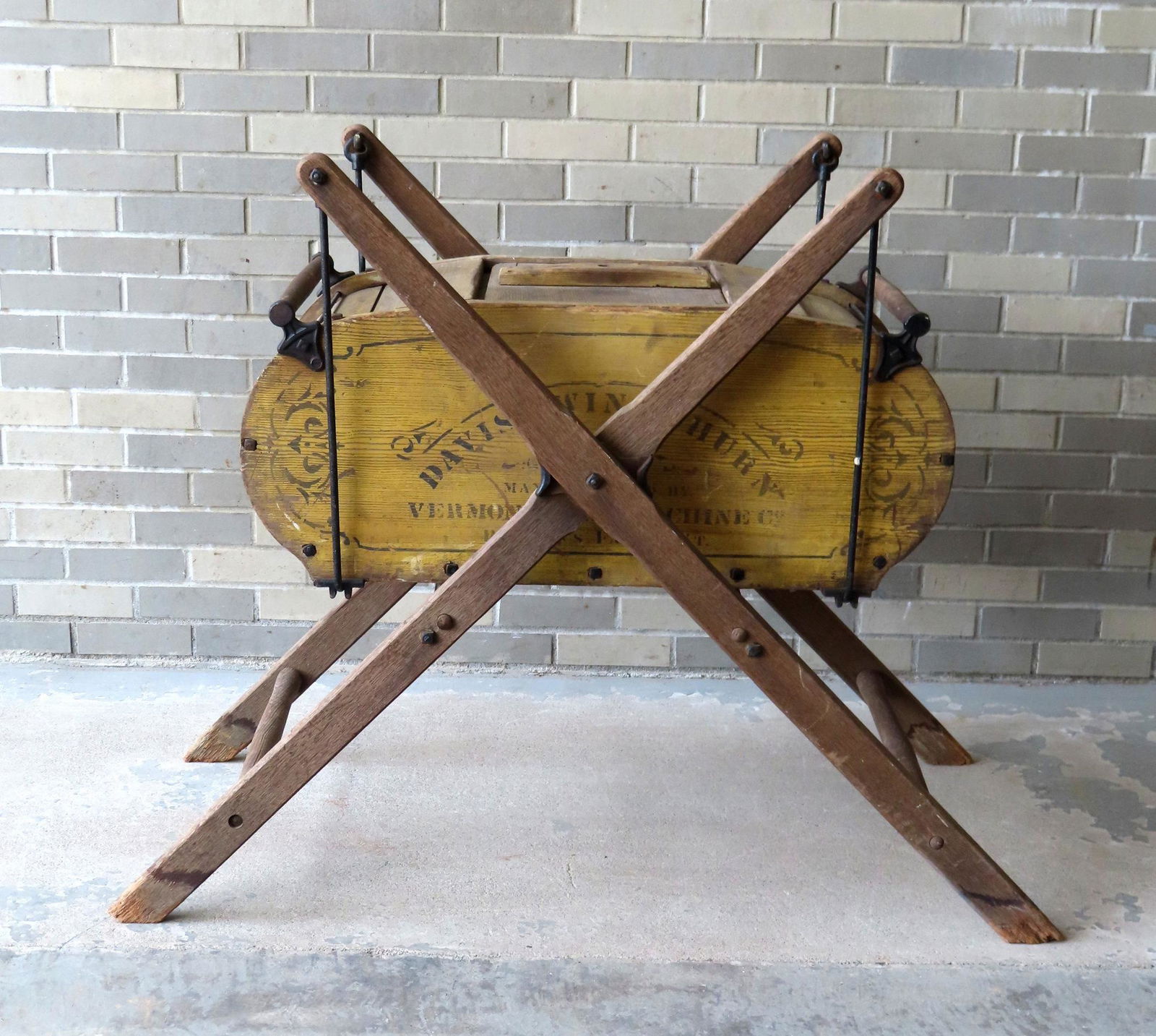 A good  swing cradle butter churn in original yellow paint with black pin striping and stenciled (1 of 8)