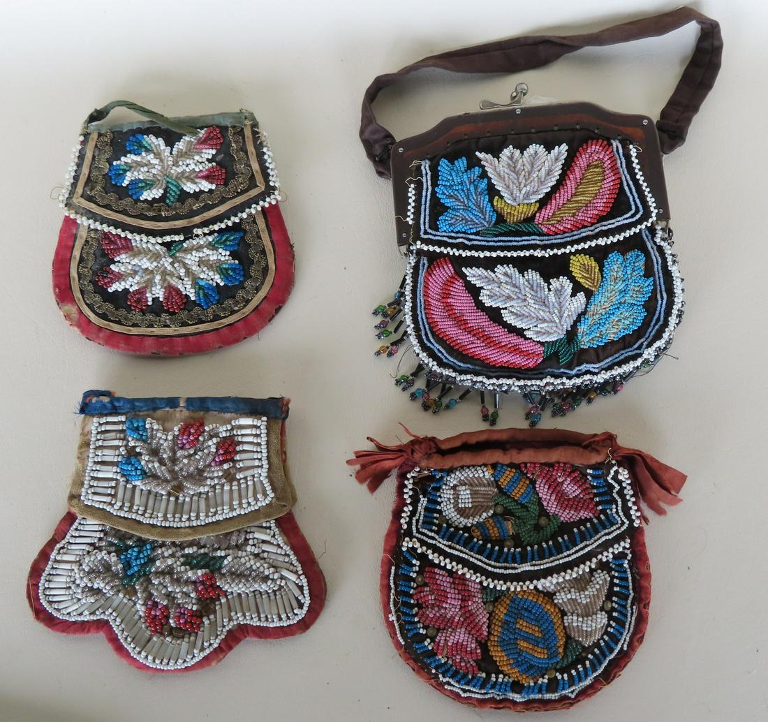 Grouping of 4 beaded Native American purses, all decorated with colorful flowers. One with (1 of 5)