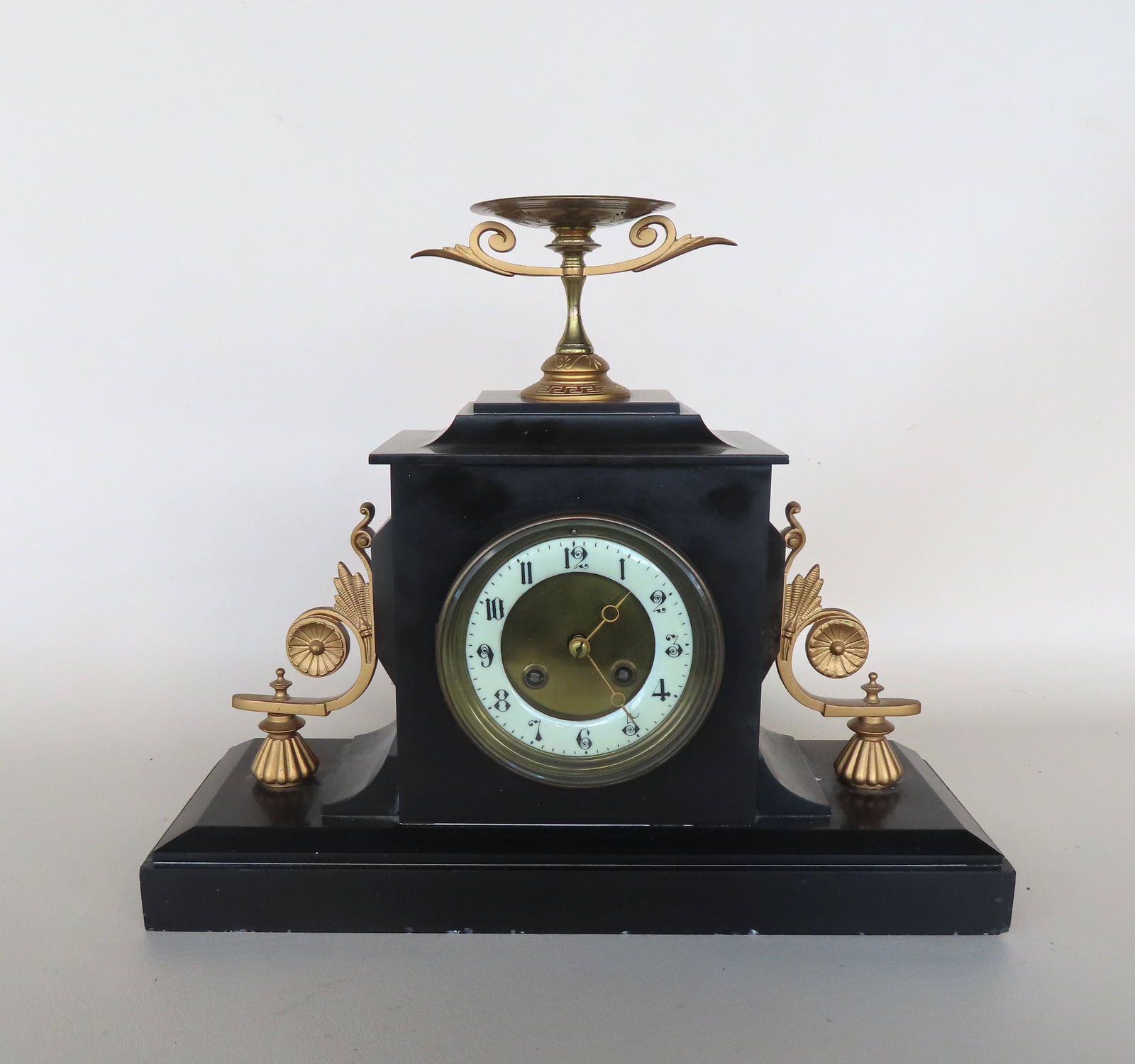 A classical French black marble or slate mantle clock with scrolled gilt bronze handles and gilt (1 of 10)