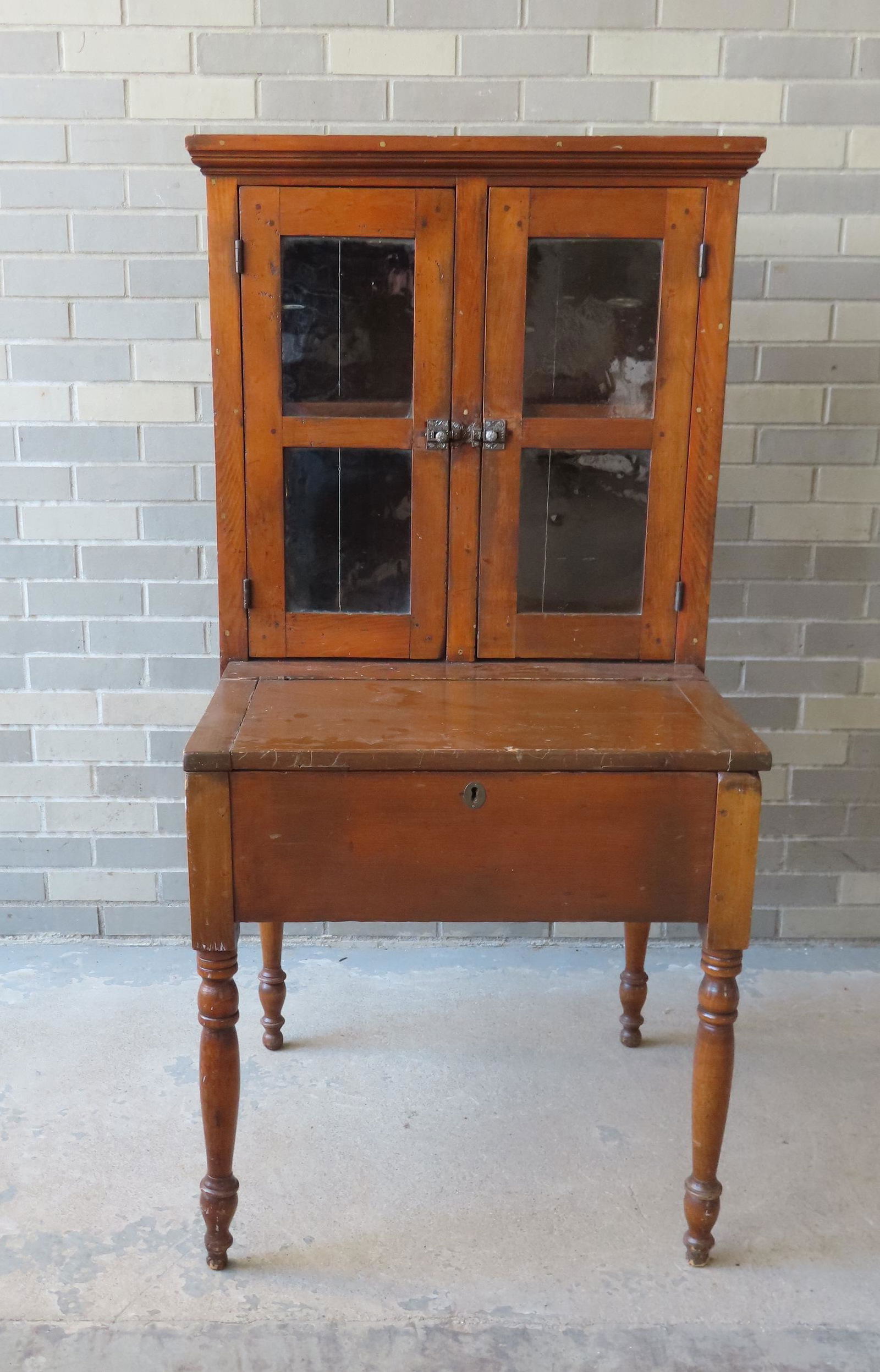 Country pine overseers desk having 2 glass doors with original wavy glass, over lift top desk (1 of 5)