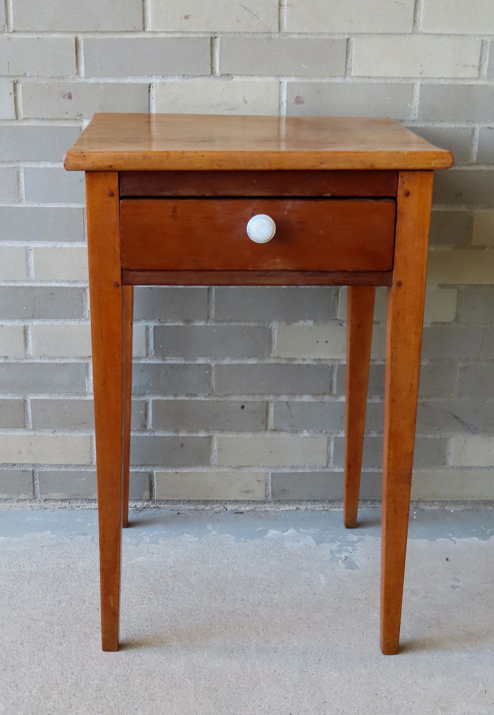 Country Hepplewhite 1 drawer stand with Sandwich glass pull in cherry wood, circa 1800-20. (1 of 3)