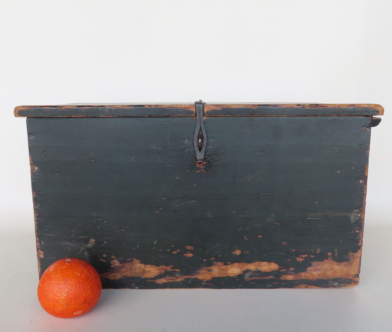 A small early primitive storage box in original green paint and hand forged iron latch and hasp - (1 of 10)