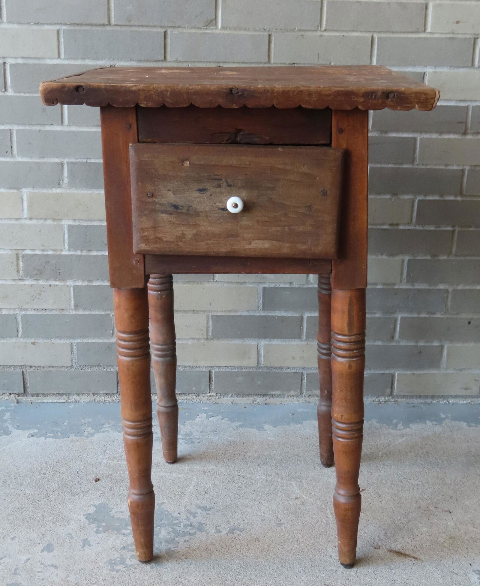 Primitive country 1 drawer work table with deep center drawer, top with applied shaped border, and (1 of 5)