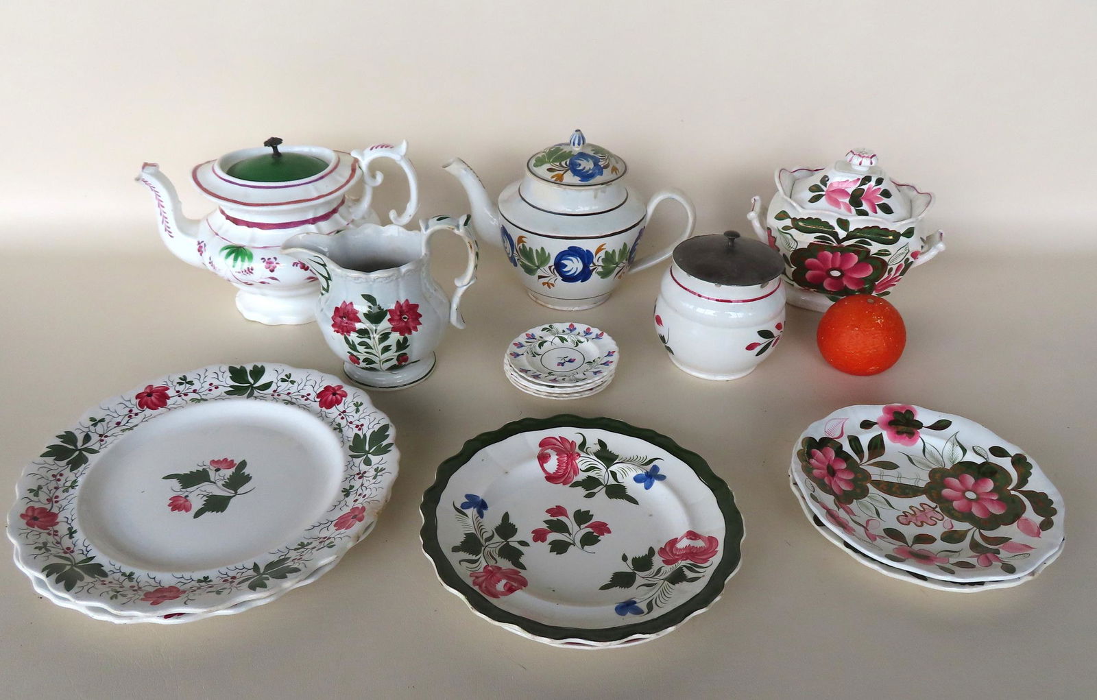 Grouping of 16 pieces of early soft paste hand painted English china decorated with flowers and (1 of 16)