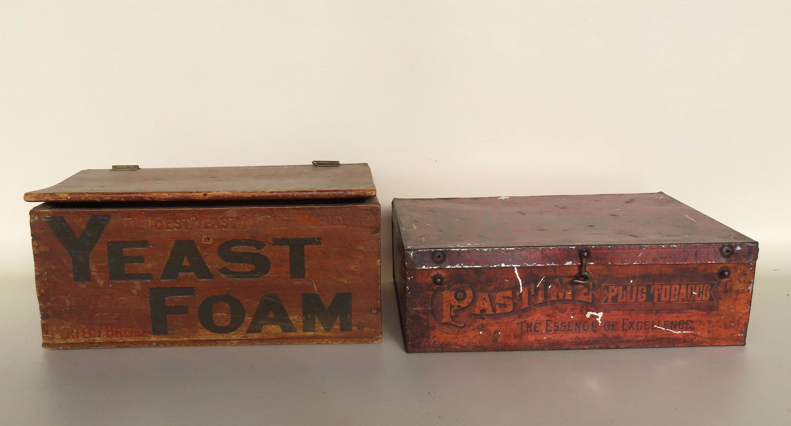 Two tin lithograph advertising boxes, both with wear but overall good condition. (1 of 13)
