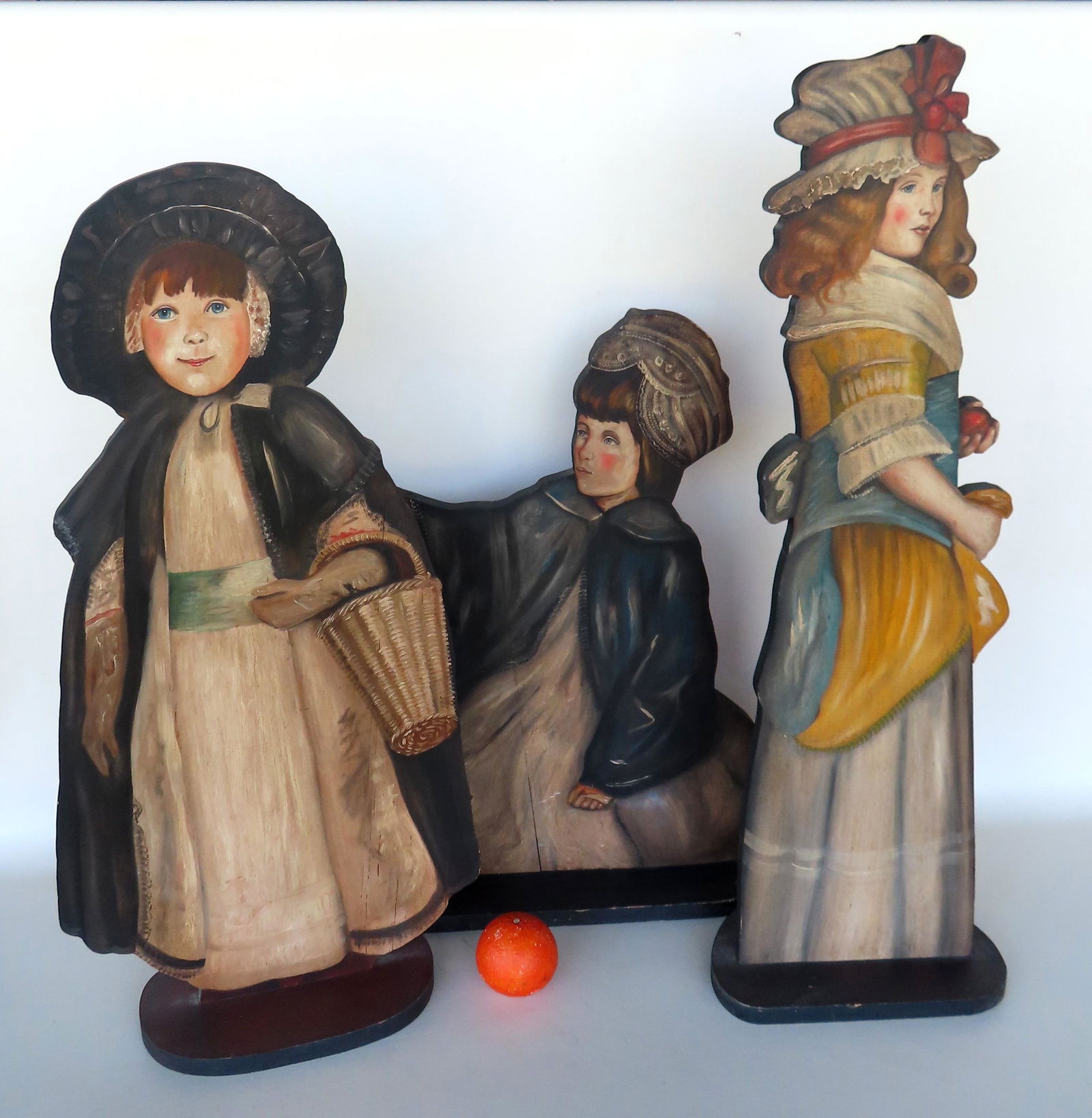 Grouping of 3 modern wooden dummy boards in the form of young girls in 18th century costumes, all (1 of 12)