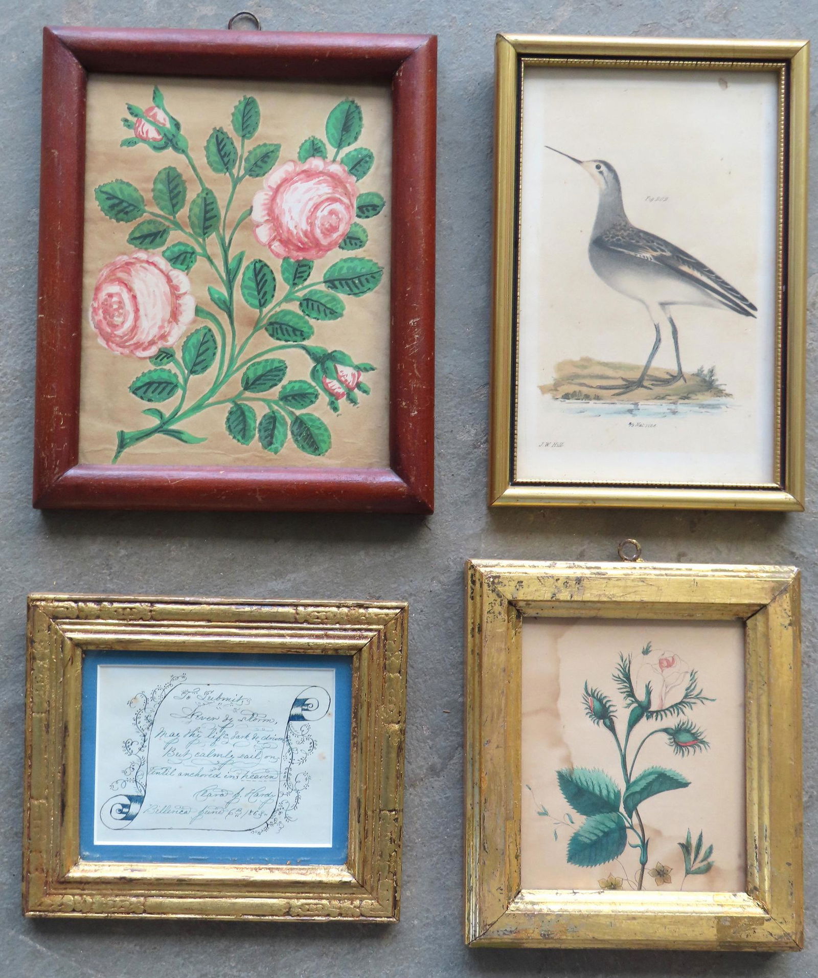 Grouping of 4 framed small artworks including: Theorem W/C of roses - this is the largest of the 4 - (1 of 8)