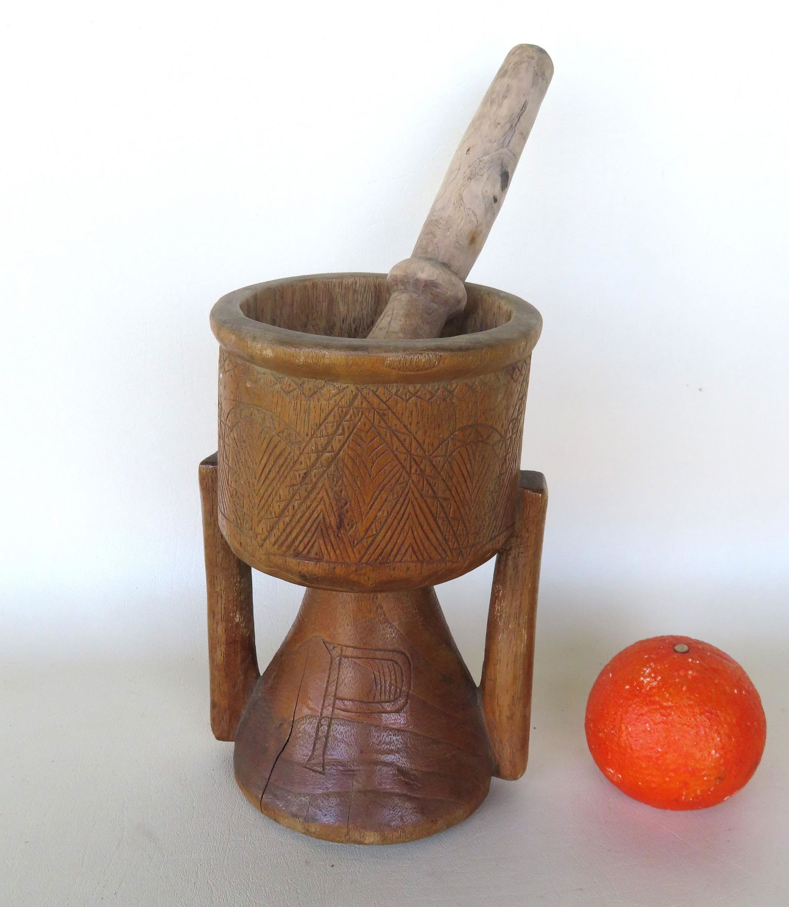 An unusual engraved mortar with pestle and initialed "M P" - the mortar measures 8 1/4" x 6"W. (1 of 6)