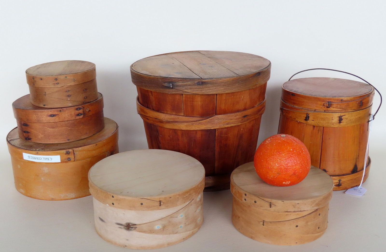 A grouping of 7 firkins and pantry boxes, 2 being late 20th century and the others late 19th (1 of 6)