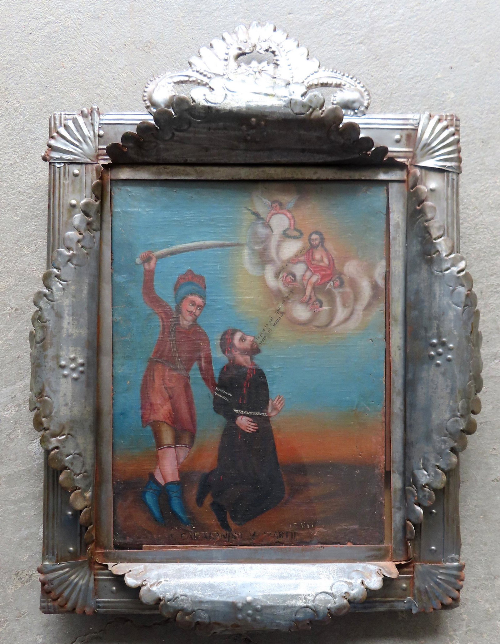 An oil on canvas applied to board depicting St. Caralampio the Martyr, probably 17th/18th century: An oil on canvas applied to board depicting St. Caralampio the Martyr, probably 17th/18th century and mounted within a hand made tin diorama from the 19th century - Spanish colonial. It is signed alon