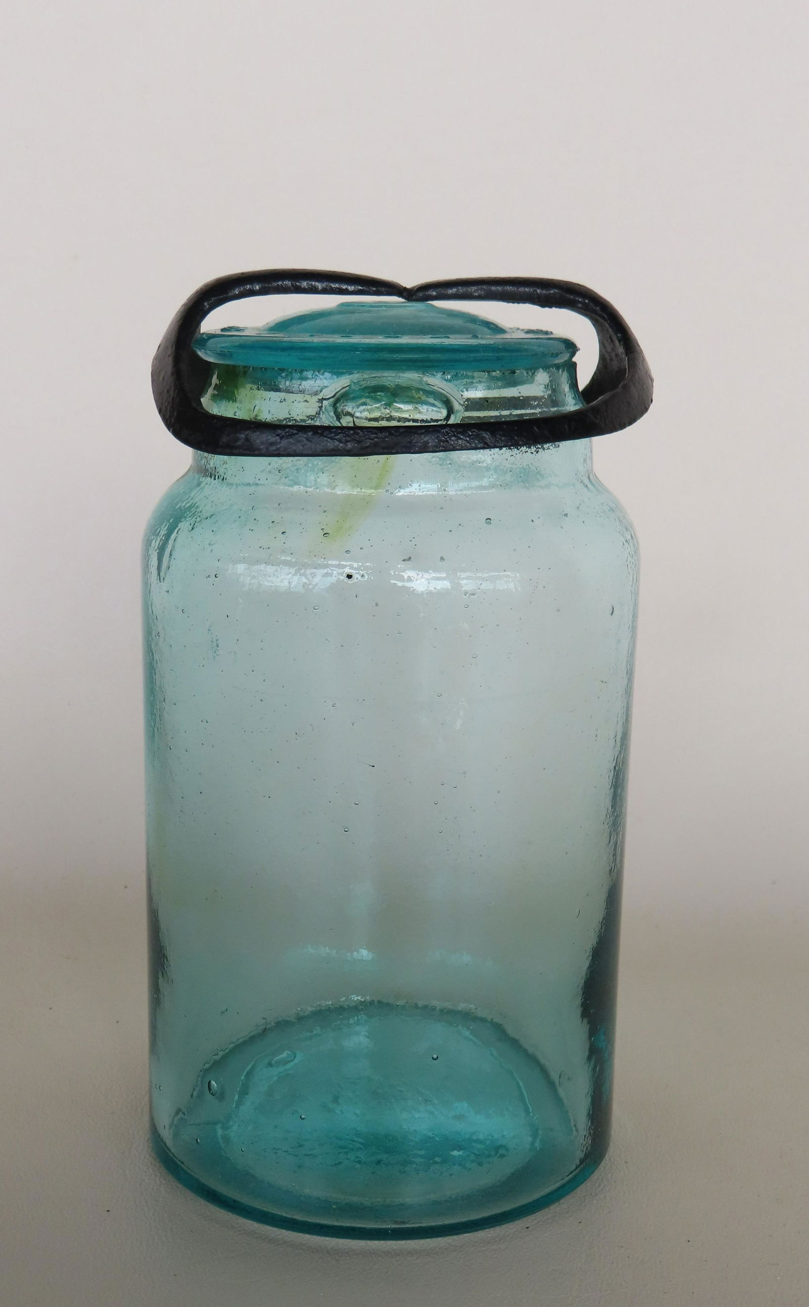 Fruit jar marked "Griffen's Patent Oct. 7 1862 - original iron cage clamp - bubble glass but no (1 of 6)