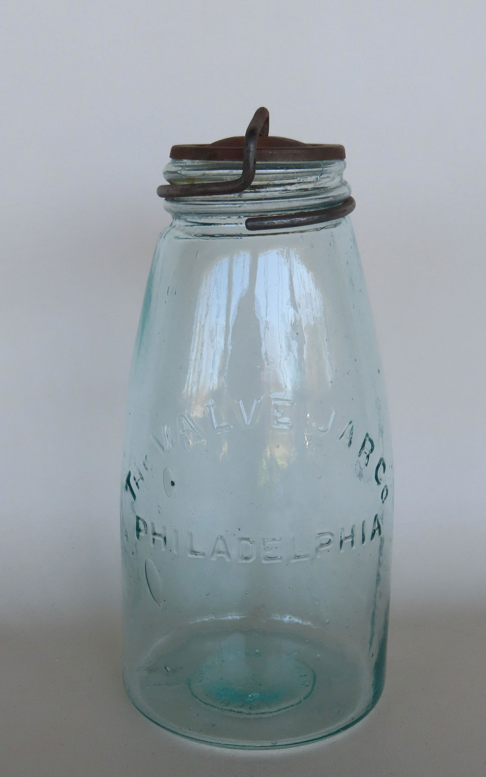 Fruit jar "The Valve Jar Co. / Philadelphia / Pat'd Mar 10th 1863 / 2", aqua color,  with wire (1 of 5)