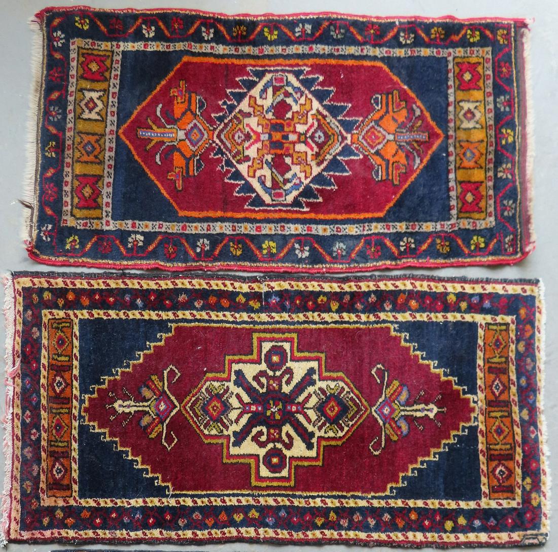Two small oriental scatter rugs. 1) Very good condition, 19 3/4" x 38"; 2) Small repair, otherwise (1 of 9)