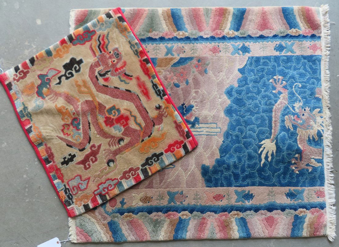 Two small Chinese oriental rug fragments. The first decorated with dragon - the back covered in a (1 of 9)