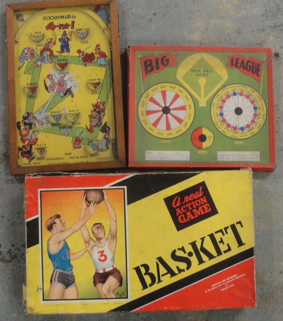 Five old games including Big League Baseball, Poosh-: Five old games including Big League Baseball, Poosh-em Up Jr. pinball game, Electric Baseball, Electric Football, Basket (Basket ball game).
