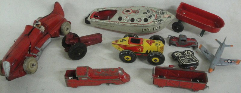 Lot of misc. toys in rough including Marx race car,: Lot of misc. toys in rough including Marx race car, PT 10 boat by Marx, misc pressed steel fire truck ladders, wooden wheels, etc.