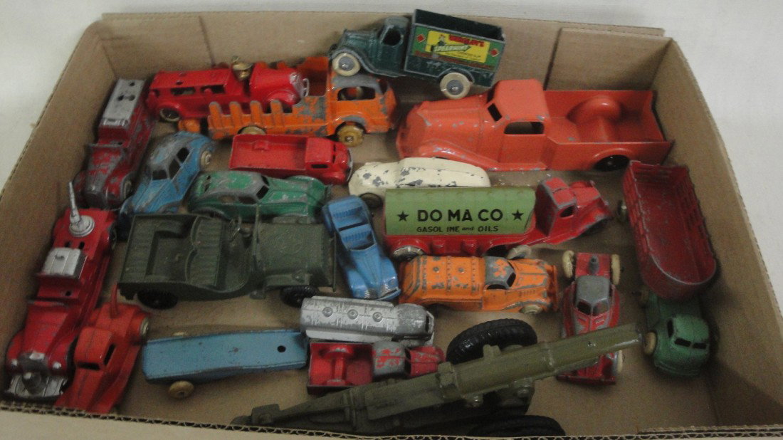 Lot of misc. die-cast toys including Barclay, Toots: Lot of misc. die-cast toys including Barclay, Tootsietoy, Doma Co. gasoline and oil truck, Tootsietoy Wrigley's Spearment gum truck, etc. - all in played condition.