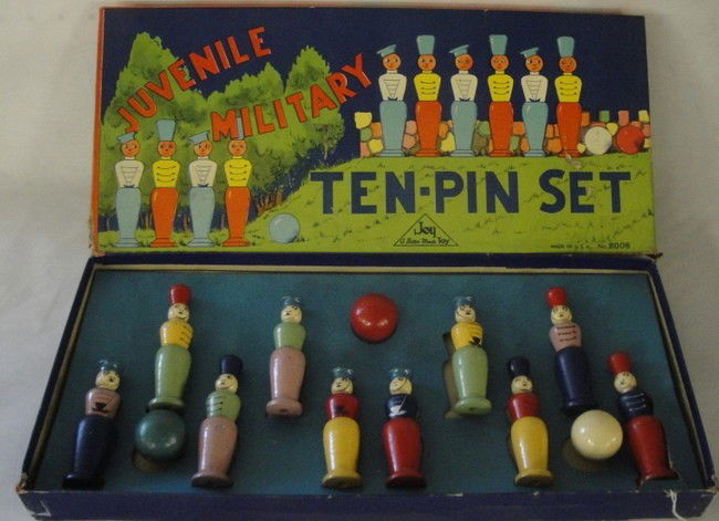Joy Toy miliary Ten Pin set in original box and com: Joy Toy miliary Ten Pin set in original box and complete.