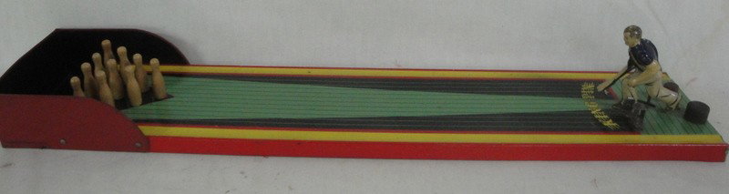 Lithographed tin bowling game with bowler - signed: Lithographed tin mechanical bowling game with bowler - signed Kingpin No. 300
