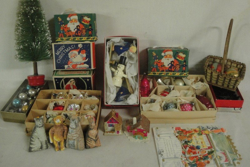 Grouping of mostly Christmas-related articles inc.: Grouping of mostly Christmas-related articles inc. lithographed candy boxes of Santa Claus and Mary with Baby Jesus plus old Christmas balls inc. glass owl, etc.