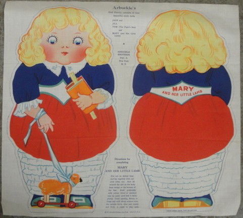 Four Arbuckle's uncut cloth dolls - dated 1931 - i: Four Arbuckle's uncut cloth dolls - dated 1931 - inc. Tom The Piper's Son, Jill, Jack and Mary & Her Little Lamb - each approx. 15" x 16"