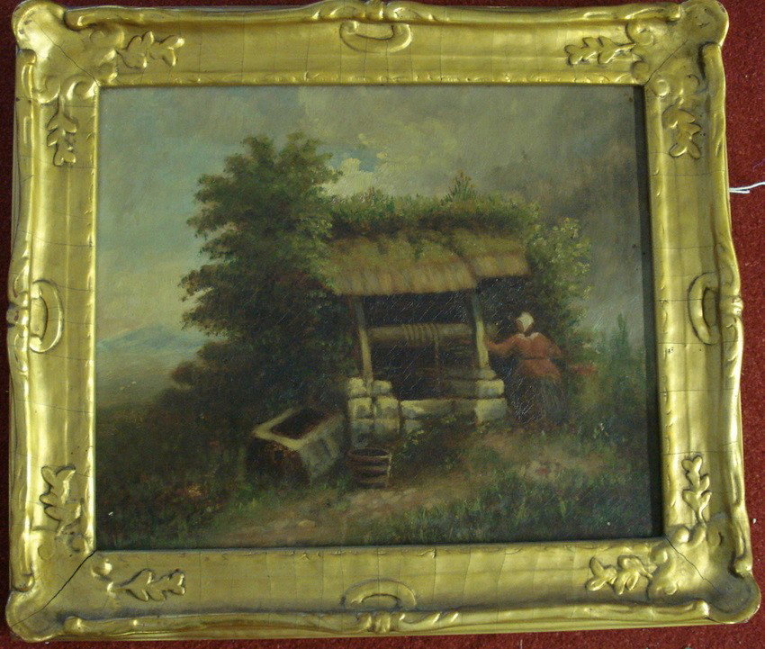 O/C - lady at covered well - probably Dutch, mid 1: O/C - lady at covered well - probably Dutch, mid 19th c. - unsigned - frame is ca. 1920s Art Deco in original goldleaf - signed H.P.F. Co. - 10" x 12"
