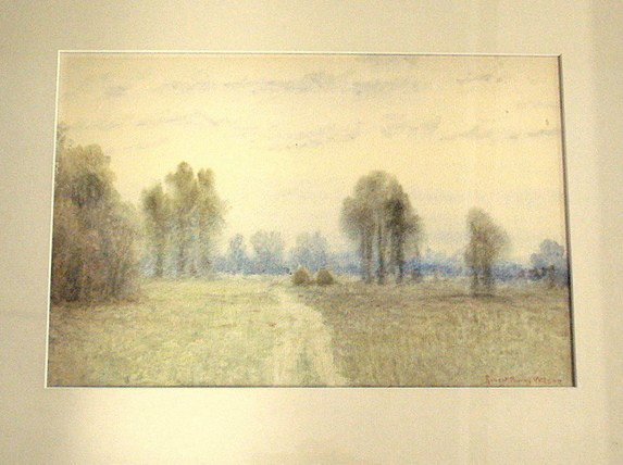 Watercolor - country landscape with haystacks - si: Watercolor - country landscape with haystacks - signed Robert Burns Wilson, Pennsylvania/New York (1851-1916) - 8.5" x 13"